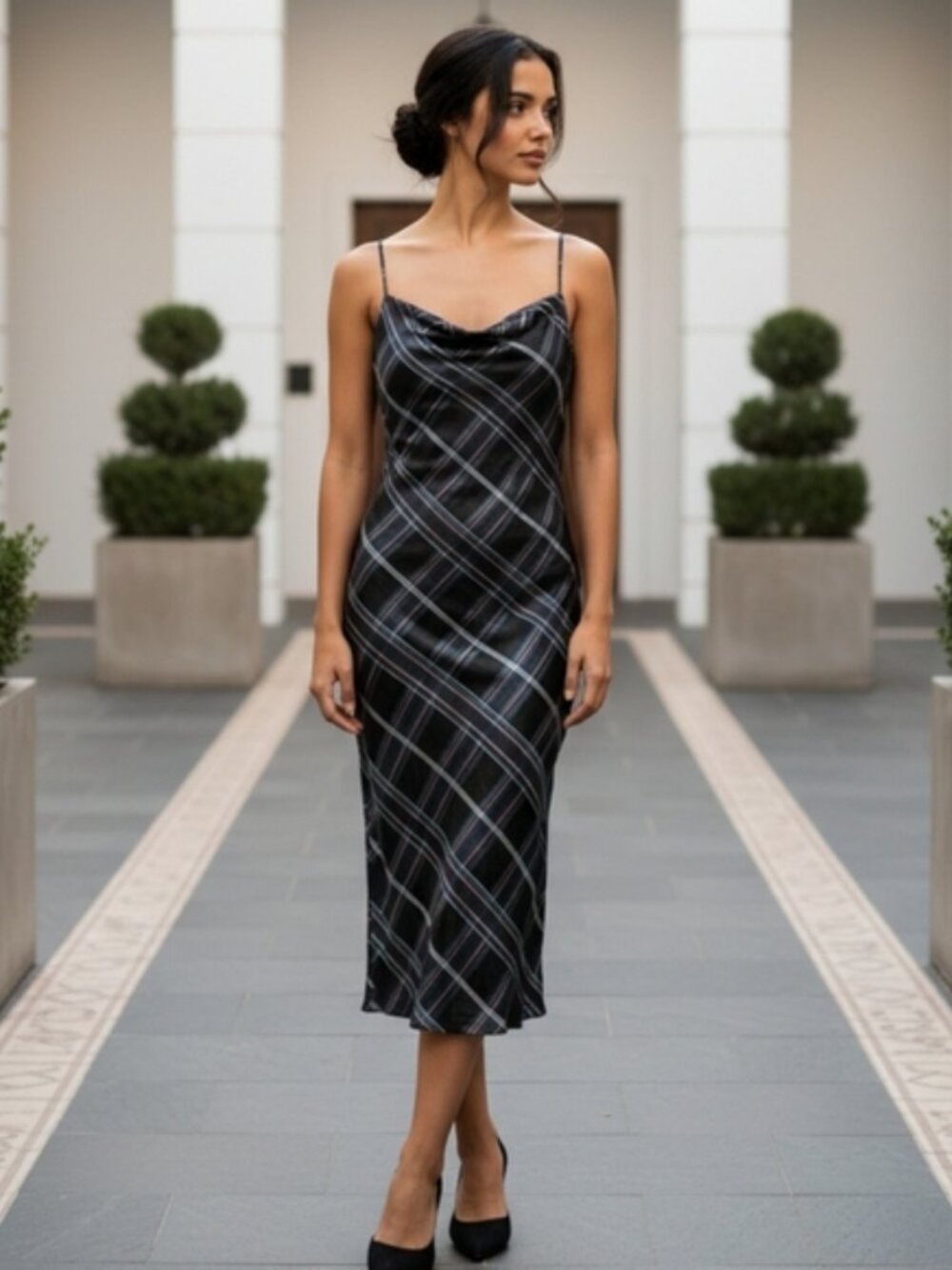 Bebe SZ S Plaid Satin Slip Dress Spaghetti Strap Drape Neck Midi Length Sexy